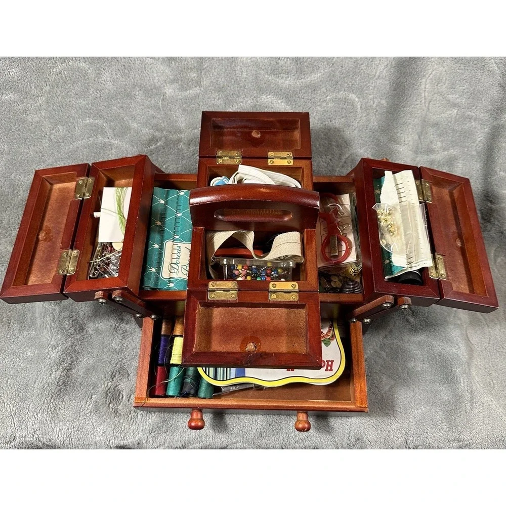 Vintage Singer Wooden Sewing Box Accordion Fold Out Caddy With Lots Of Supplies